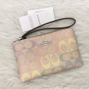 COACH Corner Zip Wristlet In Rainbow Signature Canvas CDF28 Silver/Sand Multi
